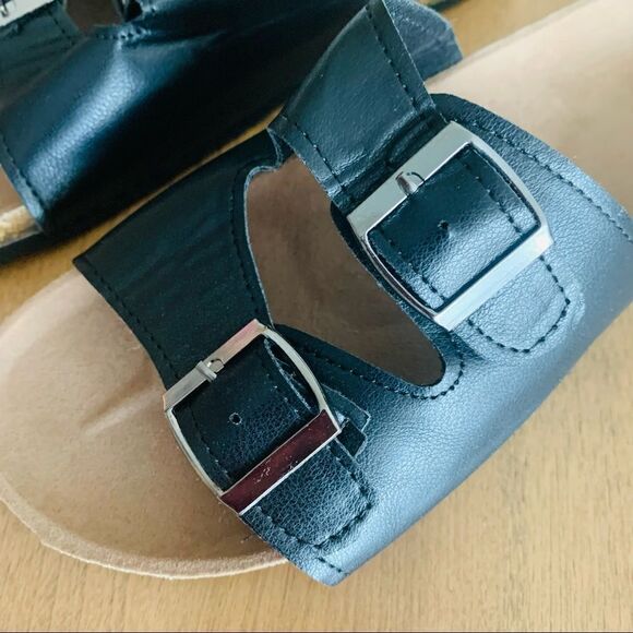 Twin Buckle Band Black Cork Sole Slide Sandals - Picture 6 of 10